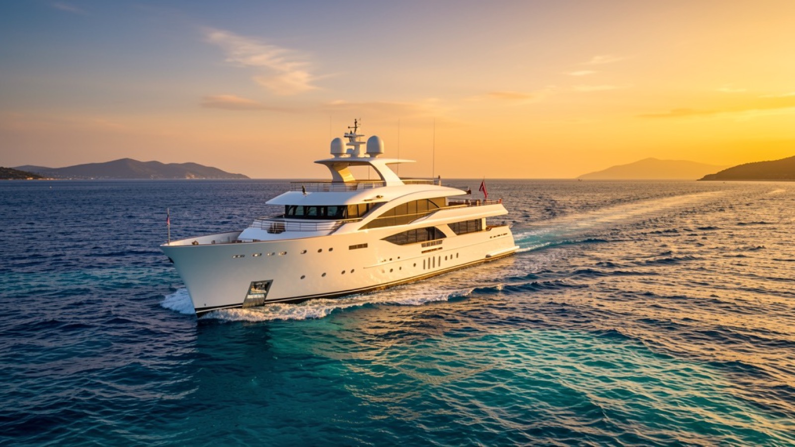 A motor yacht cruising at sunset